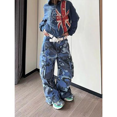 Women Blue Y2k Cargo Jeans Vintage Hiphop Baggy Denim Trousers American Style Camouflage Jeans Pants Wide Leg Denim Pants