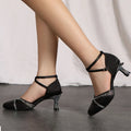 Women's Latin Dance Shoes Ballroom Salsa Waltz Tango Square Modern Dance Shoes Ladies Elegant Closed Toe Satin Rhinestone Shoes