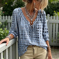 Adjustable Strap V Neck Blouse Women Summer Shirt V Neck Lace Up Blouse Plaid Print Lightweight Chiffon Top Breathable 3/4