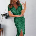 Women Sexy Sequins Wrap Dress Deep V Ruched Short Sleeve Formal Party Dresses Sparkly Evening Gown Wedding Guest Dress Vestidos