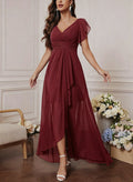 Chiffon Dress with V-Neck, Lotus Leaf Sleeves, High Waist, Pleated, Flowing Skirt, Bridesmaid Dress, French-Style Long Evening Gown