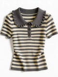 Striped Knit Blouse Quarter Button Short Sleeve Peter-Pan Collared Shirt Tops Women Summer Tops Sporty Wear Tennis Core
