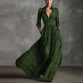 Women Plaid Shirt Dress V Neck Single Breasted Split Asymmetrical Hem Pocket Maxi Dress Ladies Elegant Casual Vintage Long Dress