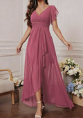 Chiffon Dress with V-Neck, Lotus Leaf Sleeves, High Waist, Pleated, Flowing Skirt, Bridesmaid Dress, French-Style Long Evening Gown