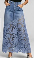 Denim Skirts Women Mid Length Skirt A Line High Waist Slim Fit Hip Wrap Button Elegant Splice Y2k Streetwear Work Lace Floral