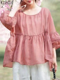 ZANZEA Elegant Lace Stitching Blouse 2024 Summer Chic Lantern 3/4 Sleeve Pleated Shirt Women Chemise Casual Loose Tops Oversiezd
