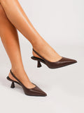 WOMEN BROWN SLINGBACK HEELS POINTED TOE LOW GEOMETRIC KITTEN HEEL BACKLESS PUMPS CASUAL OFFICE DATE WORK SHOES