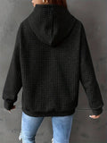 Women Plus Size Black Waffle Textured Half Zip Drawstring Hoodie Pocket Oversized Daily Casual Sweatshirt