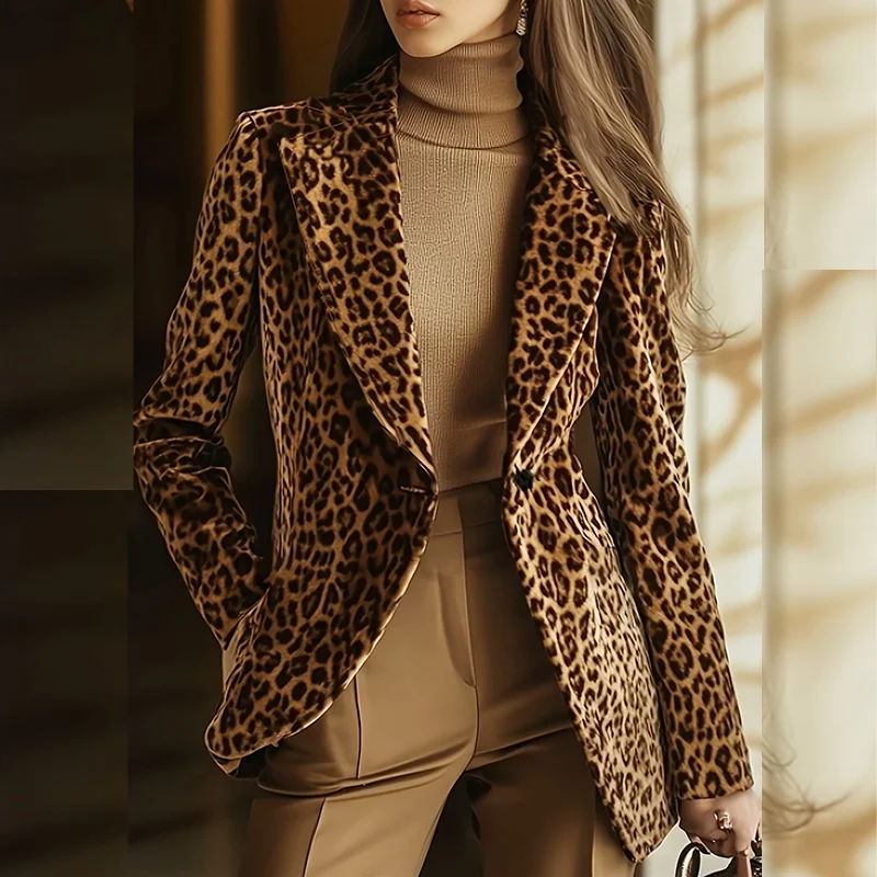 Women's Elegant Leopard Print Jacket with Lapel and Single Button Blazer