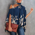Women Halter Cold Shoulder Blouse Asymmetric Batwing Sleeve Metal Buckle Printed Loose Casual Tunic Top