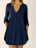 Women Casual V Neck Loose Mini Dress Elegant Button Down 3/4 Roll-Up Sleeve Khaki Solid Color Plain Shirt Dresses