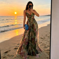 Women's Fashion Spring Summer New Mesh Floral Print Elegant Party Dress ladies Halter Neck Holiday Beach Long Dress