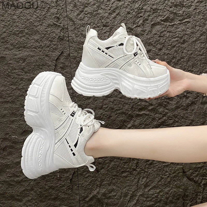 10CM Height Increasing Women's Chunky Sneakers Lace Up Platform Casual Shoes Zapatillas De Mujer Size 34-39 Zapatos De Mujer