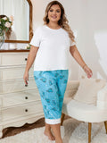 Women Plus Size Milk Silk Pajama Set Short Sleeve Top & Dinosaur Print Capri Pants Loungewear