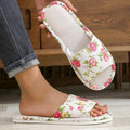 Women Floral Linen Slippers Flat Indoor Home Sandals Anti Slip Comfortable Casual Flax Slides Cute Rose Print House Shoes