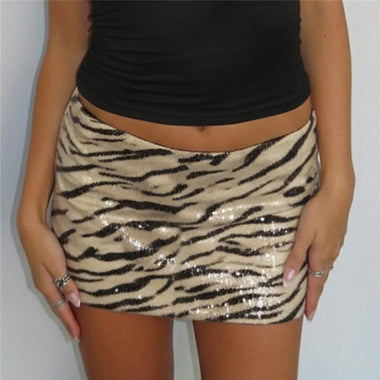Women Sequin Tiger Print Mini Skirt Low Waist Bodycon Pencil Skirt Shiny Animal Pattern Short Skirt for Y2K Party Nightclub