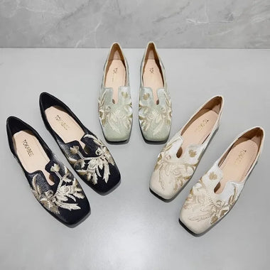 New Womens Square Toe Embroidery Loafers Shoes Womens Flats Moccasins Casual Slip on Shoes Slip on Flat Light Walking Shoes