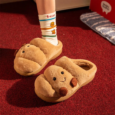 ZUOFU Unisex Cute Croissant Plush Slippers Autumn Winter Non-Slip TRP Fluffy Indoor Cotton Slippers Open & Closed Back Available