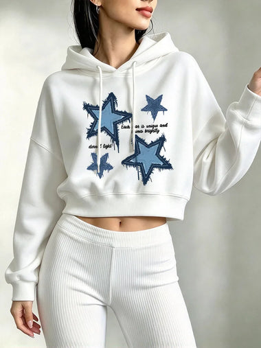 Korean Style Streetwear Retro Star Print Cropped Sweatshirt Crop Top Hoodie Y2k Sweatshirts Gothic Casual Clothes Pullover Women
