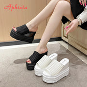 Aphixta 12cm High Heels Wedge Slides Sandals Height Increasing Summer Women Shoes Breathable Mesh Woman Wedge Slippers