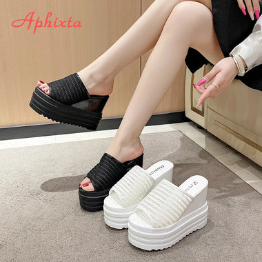 Aphixta 12cm High Heels Wedge Slides Sandals Height Increasing Summer Women Shoes Breathable Mesh Woman Wedge Slippers