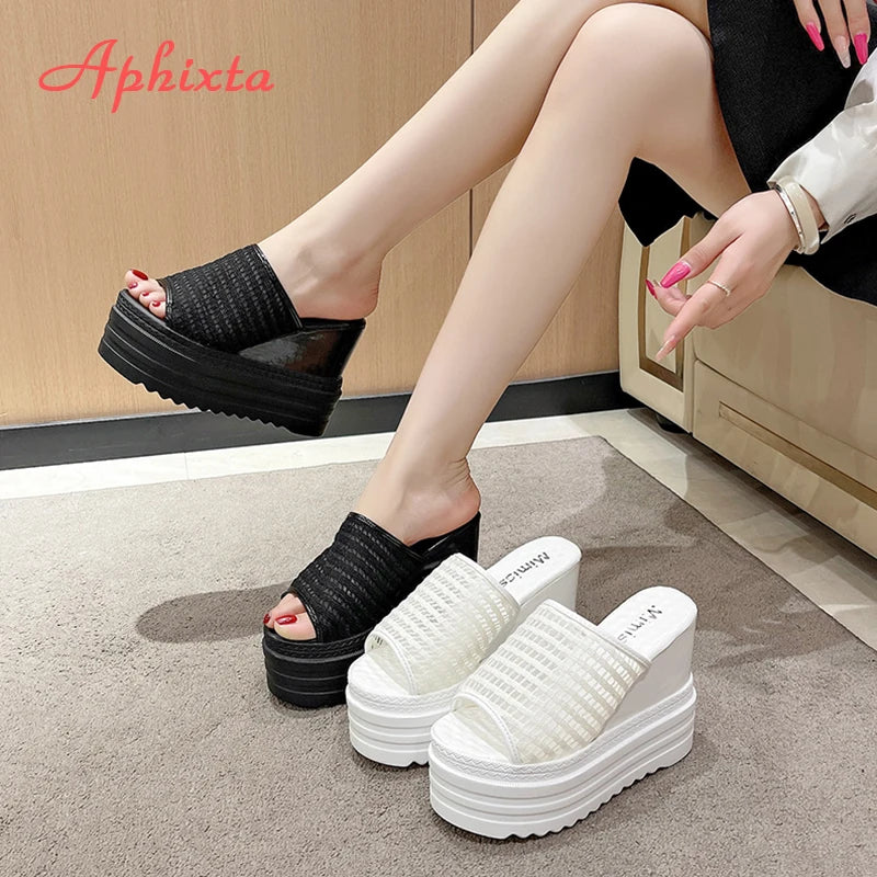 Aphixta 12cm High Heels Wedge Slides Sandals Height Increasing Summer Women Shoes Breathable Mesh Woman Wedge Slippers