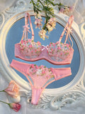 New Pink Transparent Bra Women Lingerie Set Ladies Embroidery Floral Bras Underwear Sets