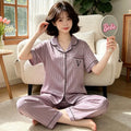 Noble and Luxurious Letter V Summer Women's Sleepwear Striped Ice Silk Cool Short Sleeved Pants Home Suit Set Ladies Nightwear