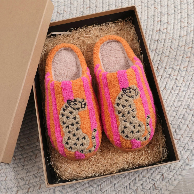 Embroidered Winter New Striped Leopard Print Plush Slippers for Women Indoor Non-Slip Warm Plush Shoes Holiday Gifts