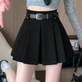 Women's Black Gray Pleated Skirts Korean Fashion High Waist A-Line Skirts Autumn Winter All-Match Shorts Mini Skirt with Belt