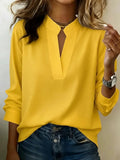 Women's Elegant Solid White V-Neck Long Sleeve Blouse with Flowy Loose Fit and Notch Collar for Casual Office Wear Women Shirts
