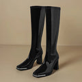 Knee High Boots Autumn New Square Toe Metal Head Guard Patent Leather Back Zip Non-Slip Block Heel Thigh Boots