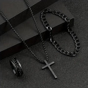 Hip Hop Fashion Cross Pendant Necklace Bracelet Chain Ring Men's Set Simple Personality Party Three Piece Jewelry Accessories