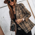 Casual Buttons Autumn Blazer Female Outerwear New Women Vintage Long Sleeve Double Breasted Plaid Blazer Coat Flap Pockets
