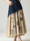 Plus Size Irregular Denim Waist Spliced Vintage Newspaper Print Chiffon Skirt, Women Layered Pleated Midi Skirt