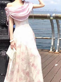 2026 Summer Elegant Pink Floral Print Off Shoulder Maxi Dress Satin Draped A Line Long Dress For Women Party Evening Bridesmaid