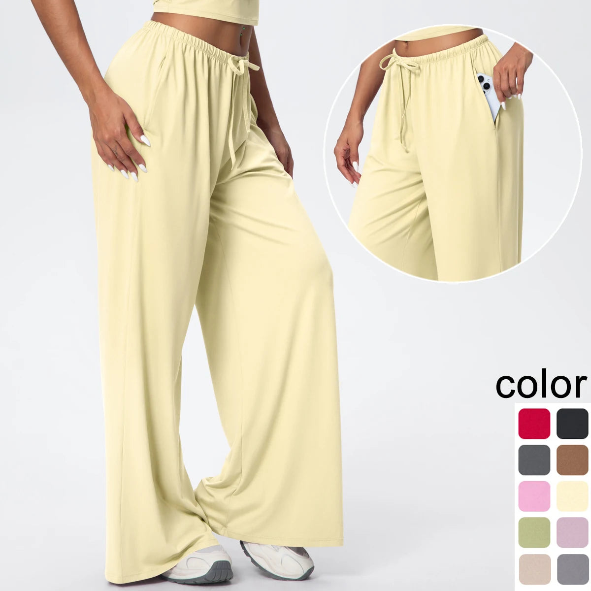 Women Yoga Pants Women Quick Drying Wide Leg Yoga Pants Loose Yoga Pants High Waist With Pockets Fitness Sport Gym Workout Drawstring Full Length