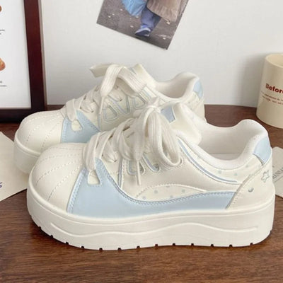 10 Styles Women's Kawaii Ribbon Thick Heel Breathable White Sneakers Casual Running Shell Shoes Chunky Y2K Dad Style for Spring
