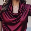 Women Satin Cowl Neck Blouse Cap Short Sleeve Solid Color Elegant Office Lady Shirt Tops