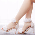 8cm Luxury Women High Heeled Sandals White Flower Shallow Mouth Fine Heel Fish Mouth High Quality Wedding Shoes Zaptos Mujer