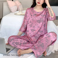 New Chinese Style Women Pajamas Set Loungewear Elegant Print Flower Sleepwear Trouser Suits Loose Silk Satin Homewear Pyjama