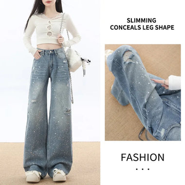 Women's Jeans Light Blue Wide Leg Denim Pants High Waist Retro Summer Loose Straight Y2K Trendy Clothes