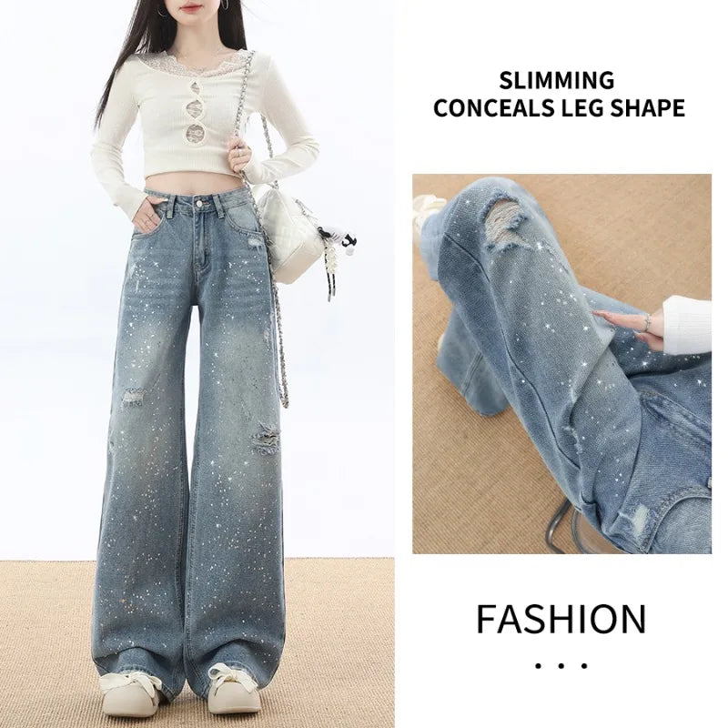 Women's Jeans Light Blue Wide Leg Denim Pants High Waist Retro Summer Loose Straight Y2K Trendy Clothes