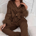 Spring Women's Silk Satin Pajamas Set Feather Trim Cuff 2 Piece Loungewear Long Sleeve Button Down Shirt Pants Set Sleepwear
