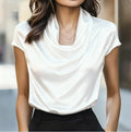 Women Satin Cowl Neck Blouse Cap Short Sleeve Solid Color Elegant Office Lady Shirt Tops