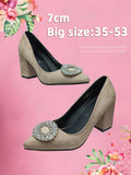 Super Big Size 50-53 Crystals Round Buckle7cm Chunky Heel Pumps Women Shoes Leisure Pointed Toe Flock Black Fashion