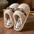 Winter Warm Plush Slippers for Women Men Plaid Bowknot Design Thick Sole House Shoes Indoor Fuzzy Casual Cute Couple Slides