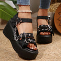 Women Peep Toe Black Wedge Sandals Lady Summer Casual Outwear Platform Sandals Chain Buckle Punk Lolita Shoes Sandale Femme