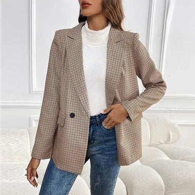 The New Autumn and Winter Fashion Plaid Single-button Blazer with Pockets, Temperament Commuter Patchwork Suit Jacket for Women