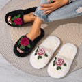 Women Rose Embroidery Plush Open Toe Slippers Soft Furry Flat Non Slip Indoor Bedroom Home House Shoes